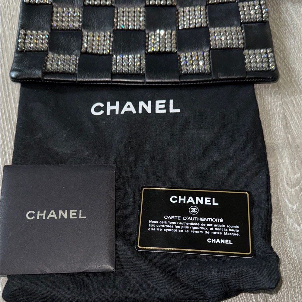 RARE CHANEL Leather Woven Strass Black Checkered Clutch Wristlet Vintage Evening - Picture 3 of 13